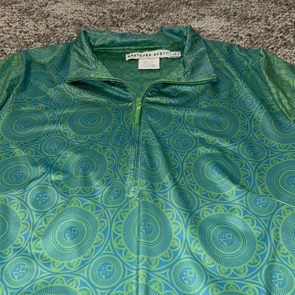 Gretchen Scott women’s size large green/blue long sleeve pull-over with 1/4” zip - Picture 2 of 4